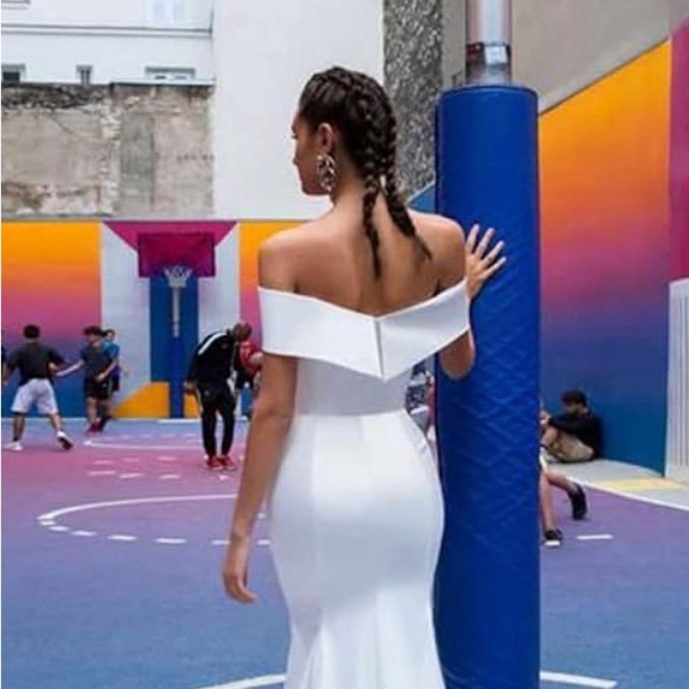 White Off the Shoulder Wedding Dress with detachable train.
